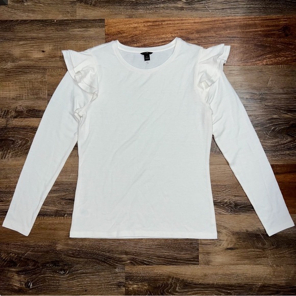 Ann Taylor Tops - Ann Taylor Ruffle Shoulder Long Sleeve Top - White, Size SP